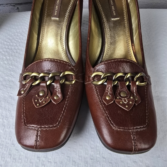ANTONIO MELANI Brown Leather Heels with Gold Chain Detail On Toe Size 8.5 Euc - Picture 3 of 8